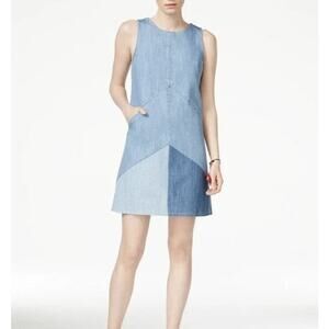 Rachel Roy Denim Mini Dress Blue Large Patchwork Sleeveless Pockets Color Block